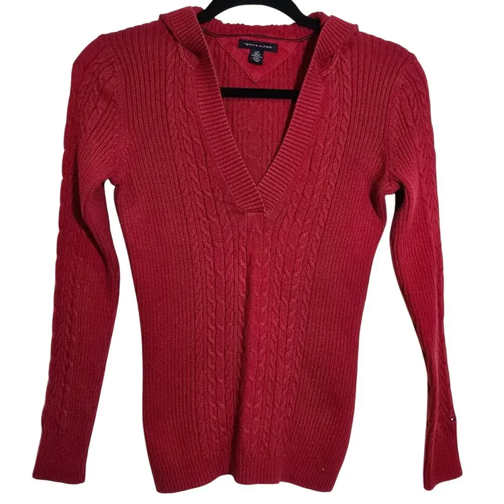 Y2K Tommy Hilfiger Cable Knit Sweater Pullover Top Red V Neck Women's Size Small
